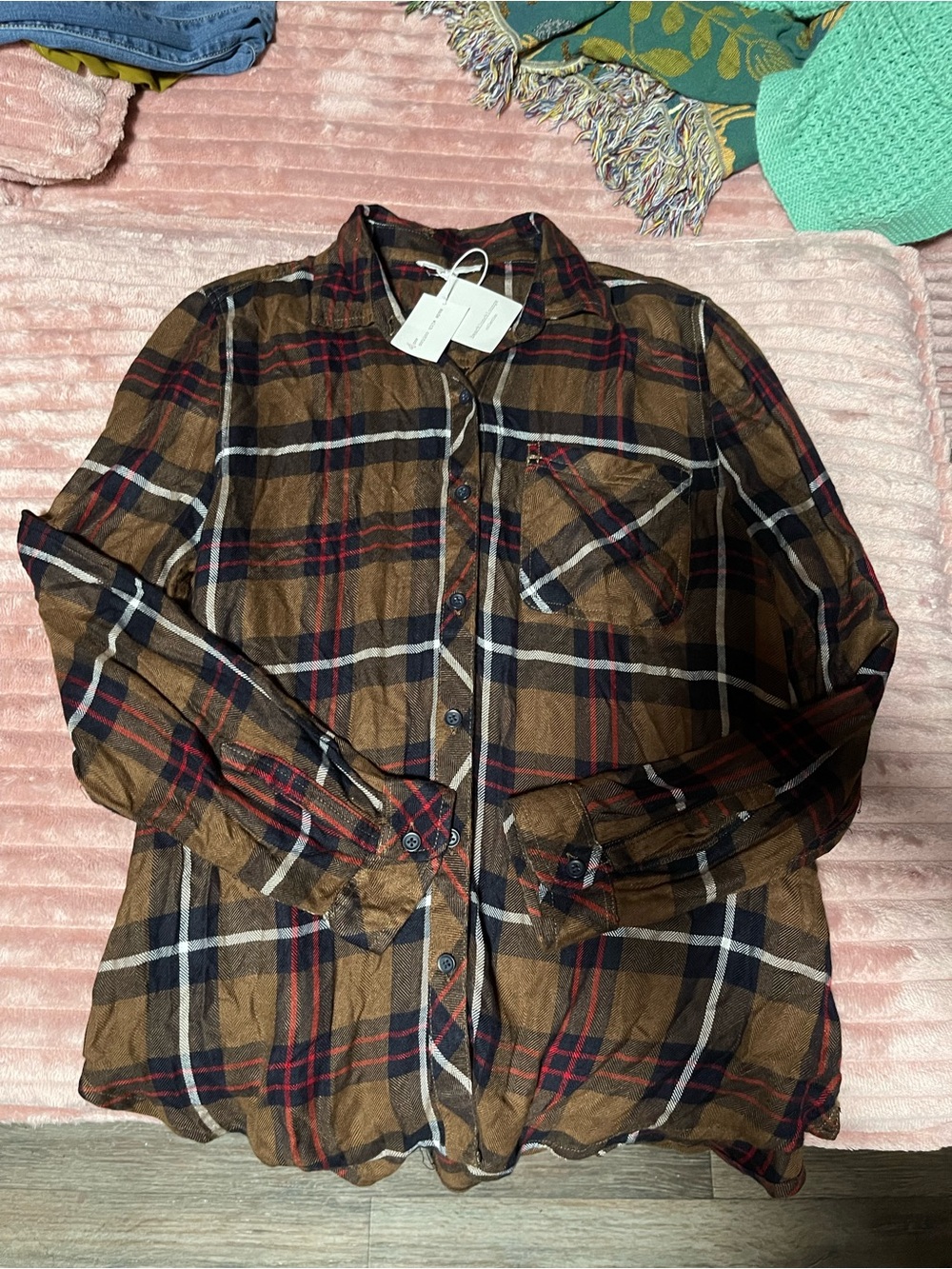 beachlunchlounge Brown Plaid Button-Down Shirt with Red and Black Accents